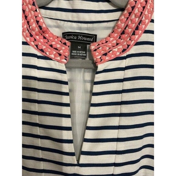 Jessica Howard Blue and white stripe sleeveless dress pink crochet trim Sz 14 - Picture 2 of 4